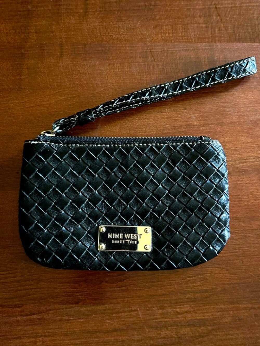Nine West Black Woven Faux Leather Wristlet Clutch Zip Pouch